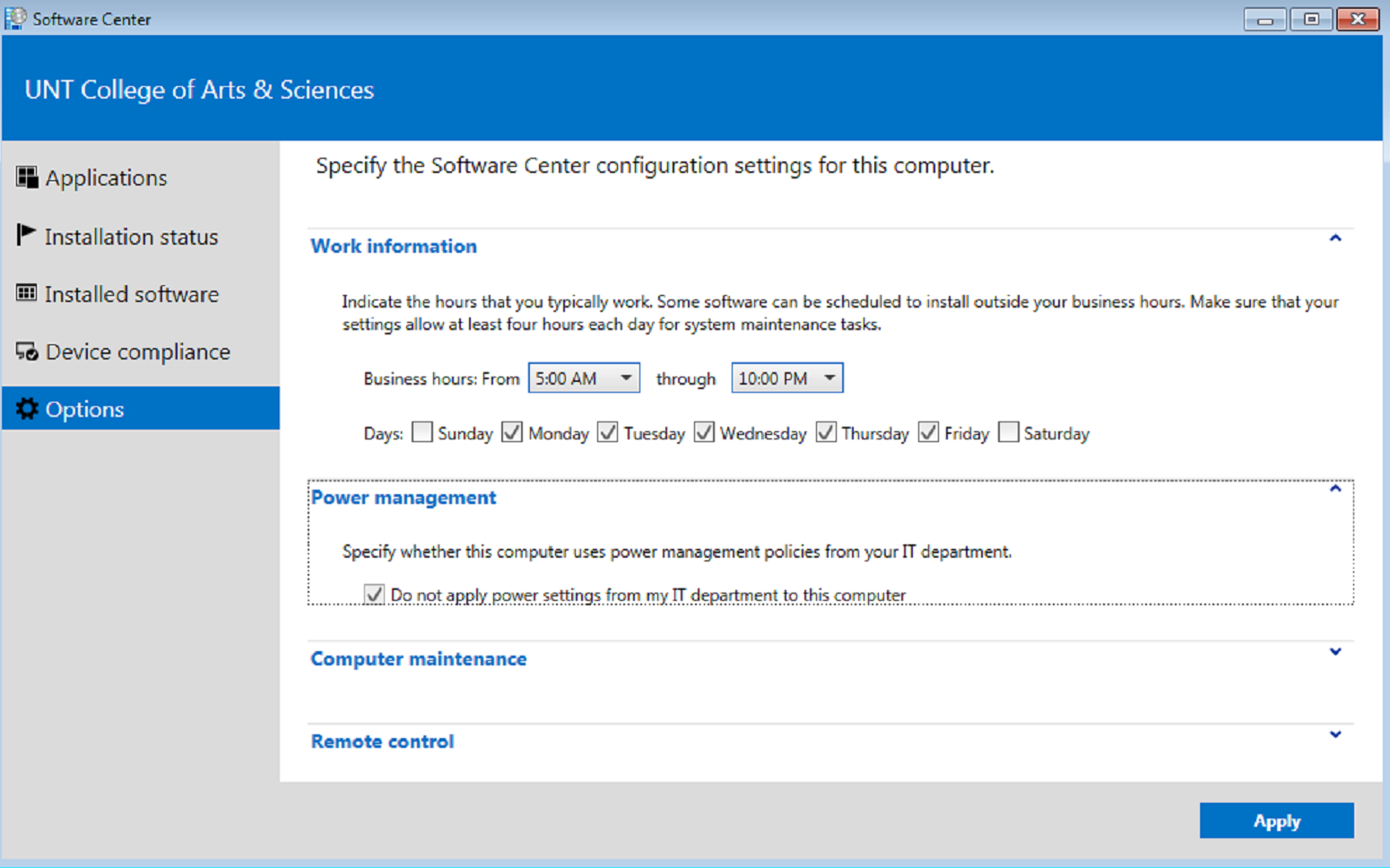 Do not apply power settings from my IT department to this computer